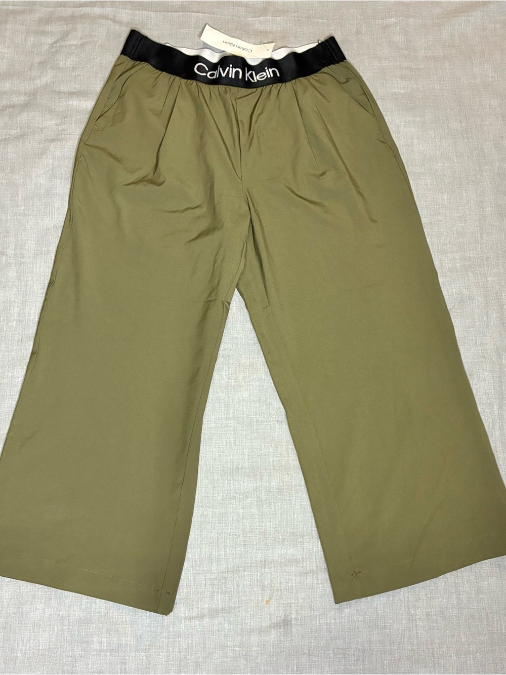 Calvin Klein Olive Green Wide-Leg Jogger Pants with Black Branded Waistband